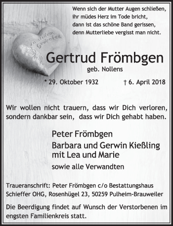 Anzeige von Gertrud Frömbgen von  Sonntags-Post 