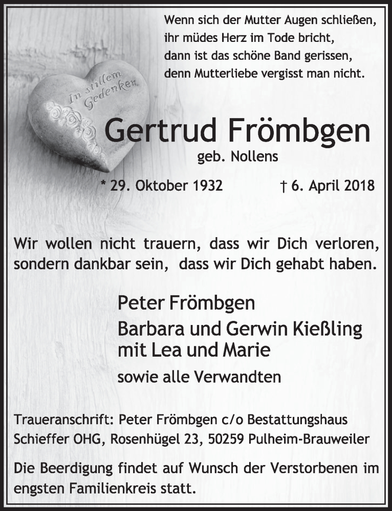  Traueranzeige für Gertrud Frömbgen vom 14.04.2018 aus  Sonntags-Post 