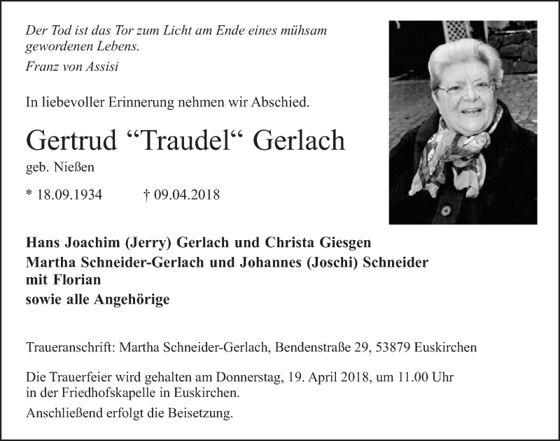  Traueranzeige für Gertrud Gerlach vom 14.04.2018 aus  Blickpunkt Euskirchen 