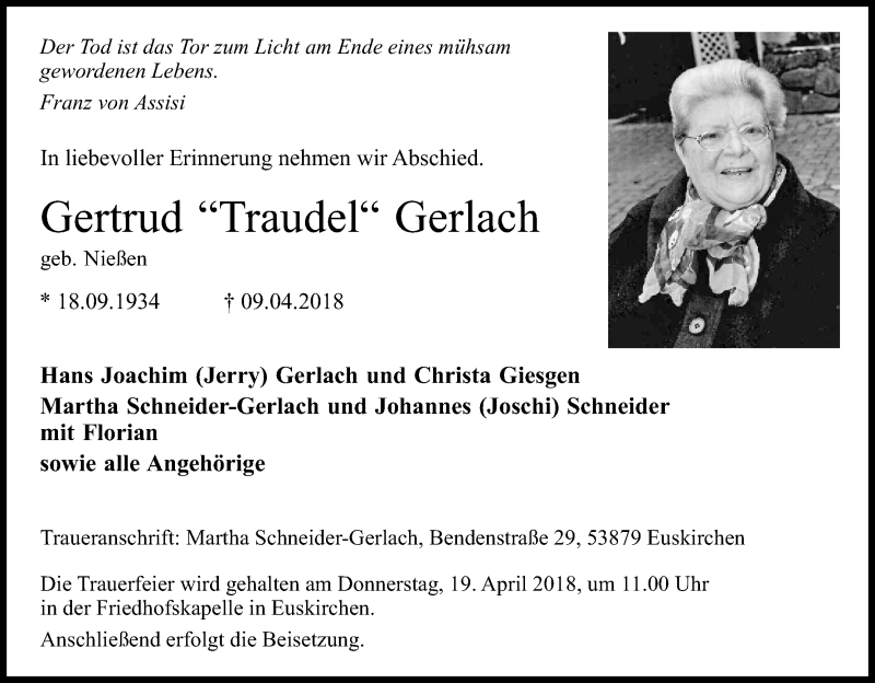  Traueranzeige für Gertrud Gerlach vom 14.04.2018 aus Kölner Stadt-Anzeiger / Kölnische Rundschau / Express
