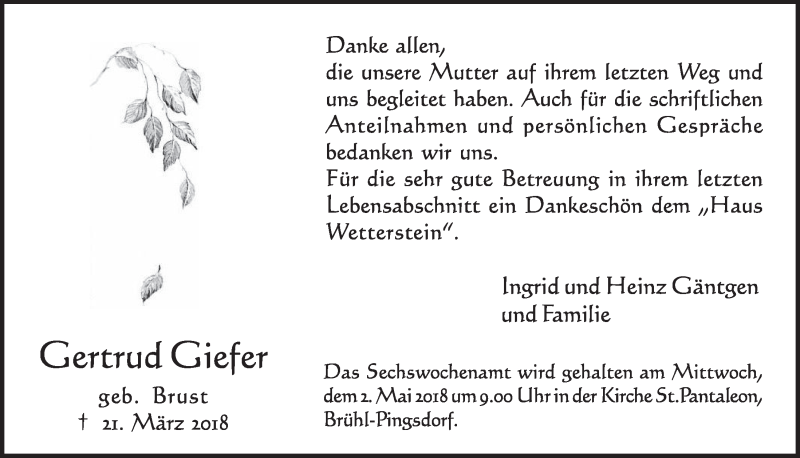  Traueranzeige für Gertrud Giefer vom 11.04.2018 aus  Schlossbote/Werbekurier 