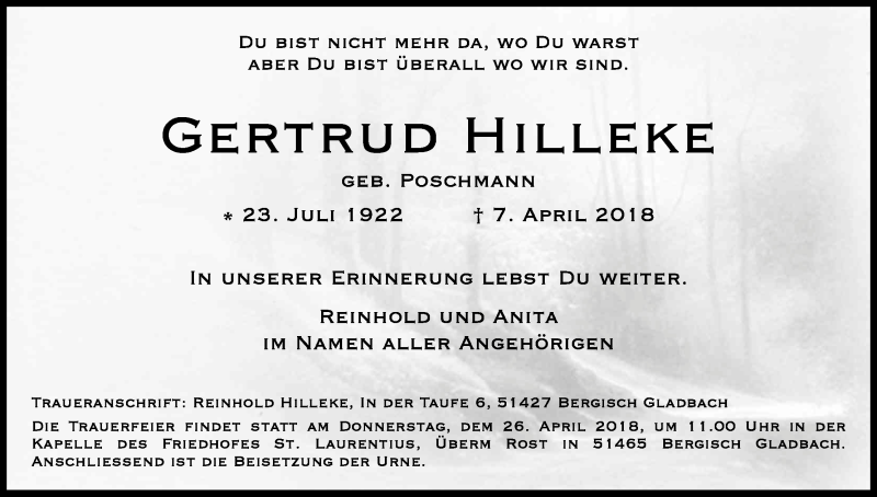  Traueranzeige für Gertrud Hilleke vom 14.04.2018 aus Kölner Stadt-Anzeiger / Kölnische Rundschau / Express