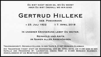 Anzeige von Gertrud Hilleke von Kölner Stadt-Anzeiger / Kölnische Rundschau / Express