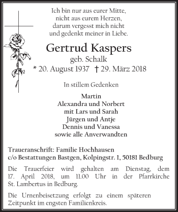 Anzeige von Gertrud Kaspers von  Werbepost 