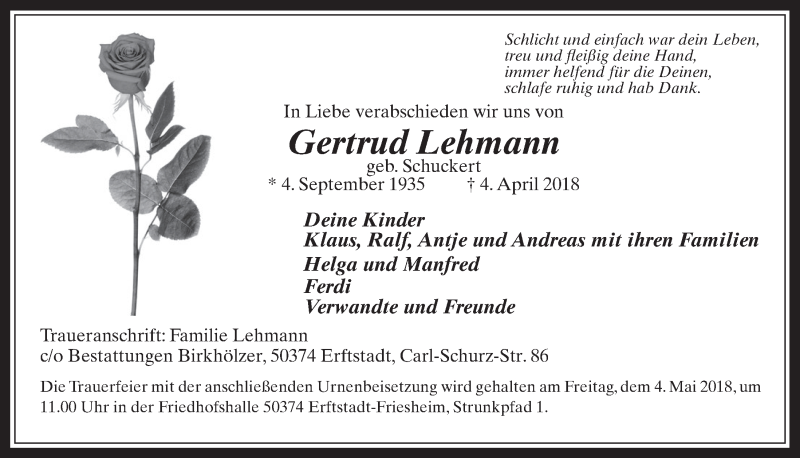  Traueranzeige für Gertrud Lehmann vom 25.04.2018 aus  Werbepost 