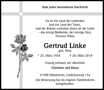Anzeige von Gertrud Linke von Kölner Stadt-Anzeiger / Kölnische Rundschau / Express