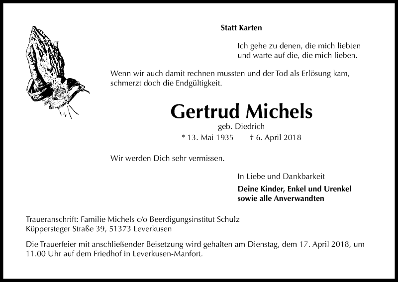  Traueranzeige für Gertrud Michels vom 11.04.2018 aus Kölner Stadt-Anzeiger / Kölnische Rundschau / Express