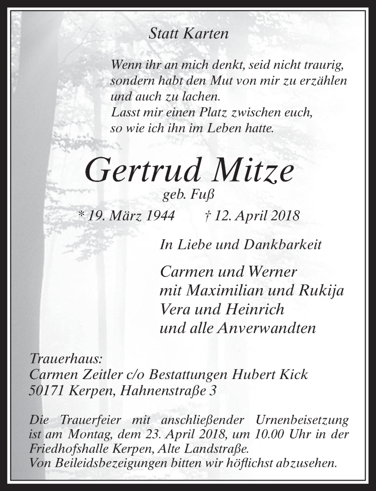  Traueranzeige für Gertrud Mitze vom 18.04.2018 aus  Werbepost 