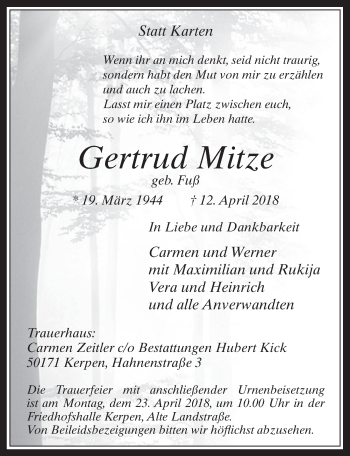 Anzeige von Gertrud Mitze von  Werbepost 