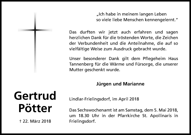  Traueranzeige für Gertrud Pötter vom 28.04.2018 aus Kölner Stadt-Anzeiger / Kölnische Rundschau / Express