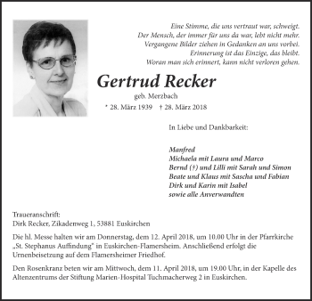 Anzeige von Gertrud Recker von  Blickpunkt Euskirchen 