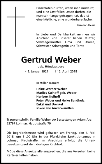 Anzeige von Gertrud Weber von Kölner Stadt-Anzeiger / Kölnische Rundschau / Express