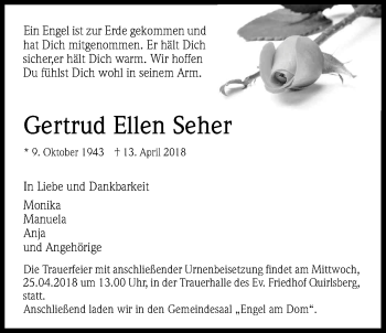 Anzeige von Gertrud Ellen Seher von Kölner Stadt-Anzeiger / Kölnische Rundschau / Express