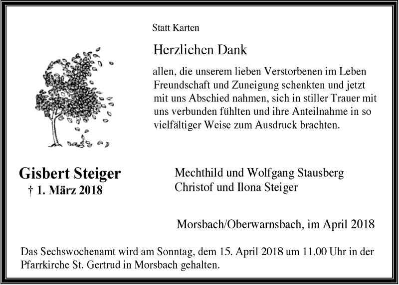  Traueranzeige für Gisbert Steiger vom 11.04.2018 aus  Lokalanzeiger 