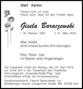 Anzeige von Gisela Baraczewski von Kölner Stadt-Anzeiger / Kölnische Rundschau / Express