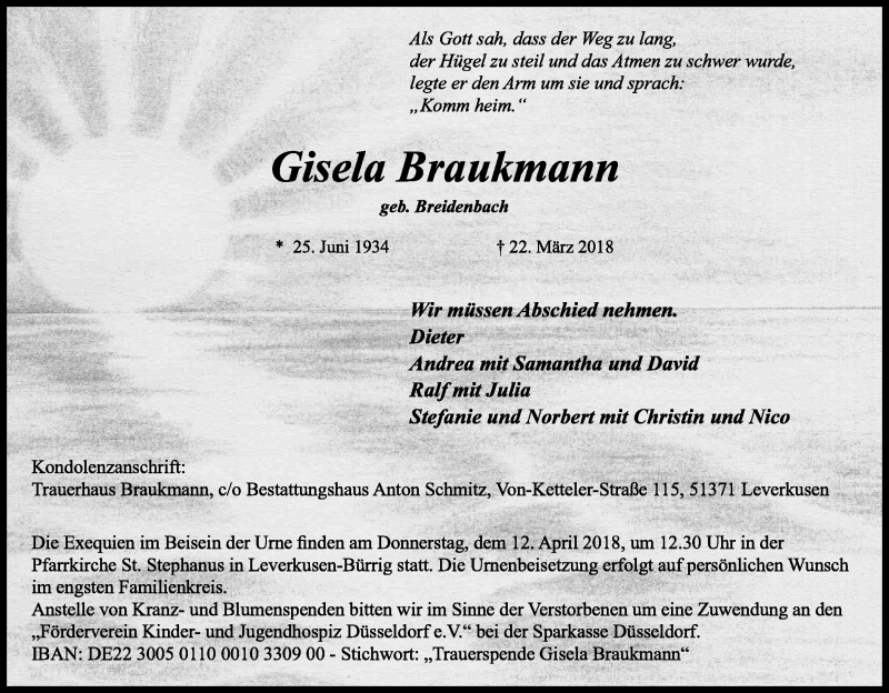  Traueranzeige für Gisela Braukmann vom 07.04.2018 aus Kölner Stadt-Anzeiger / Kölnische Rundschau / Express