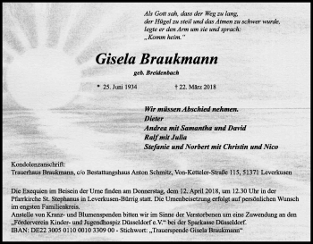 Anzeige von Gisela Braukmann von Kölner Stadt-Anzeiger / Kölnische Rundschau / Express