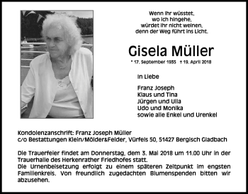 Anzeige von Gisela Müller von Kölner Stadt-Anzeiger / Kölnische Rundschau / Express