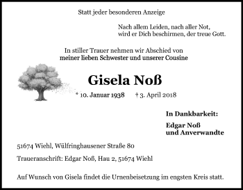 Anzeige von Gisela Noß von Kölner Stadt-Anzeiger / Kölnische Rundschau / Express