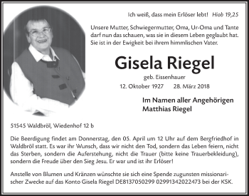 Anzeige von Gisela Riegel von  Lokalanzeiger 