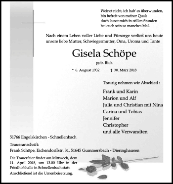 Anzeige von Gisela Schöpe von Kölner Stadt-Anzeiger / Kölnische Rundschau / Express