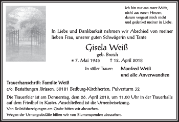 Anzeige von Gisela Weiß von  Sonntags-Post 