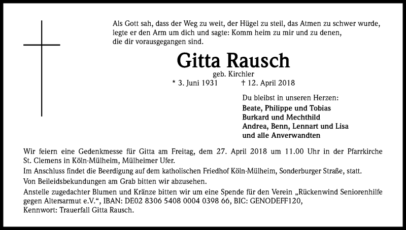  Traueranzeige für Gitta Rausch vom 21.04.2018 aus Kölner Stadt-Anzeiger / Kölnische Rundschau / Express