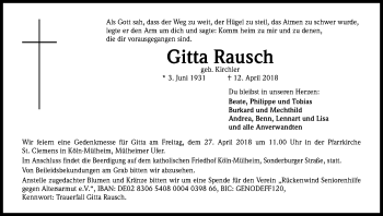 Anzeige von Gitta Rausch von Kölner Stadt-Anzeiger / Kölnische Rundschau / Express