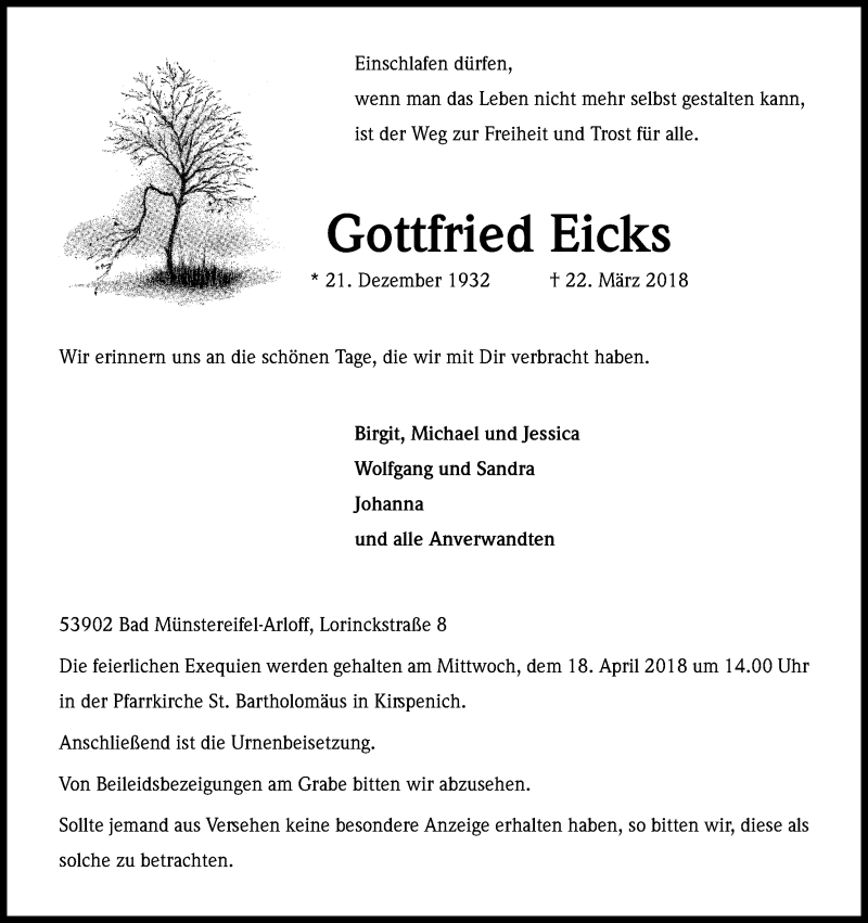  Traueranzeige für Gottfried Eicks vom 14.04.2018 aus Kölner Stadt-Anzeiger / Kölnische Rundschau / Express