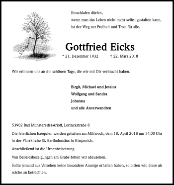 Anzeige von Gottfried Eicks von Kölner Stadt-Anzeiger / Kölnische Rundschau / Express