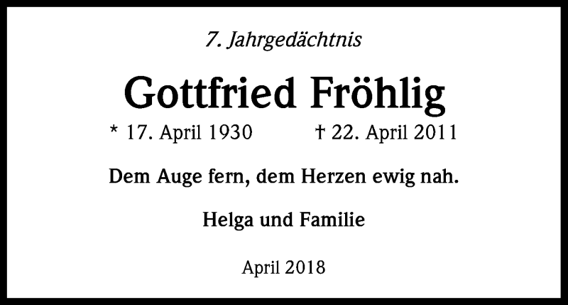  Traueranzeige für Gottfried Fröhlig vom 18.07.2023 aus Kölner Stadt-Anzeiger / Kölnische Rundschau / Express