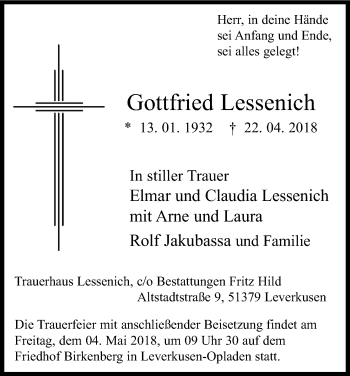 Anzeige von Gottfried Lessenich von Kölner Stadt-Anzeiger / Kölnische Rundschau / Express