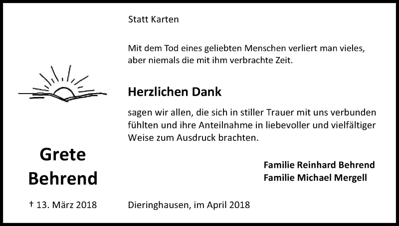  Traueranzeige für Grete Behrend vom 14.04.2018 aus Kölner Stadt-Anzeiger / Kölnische Rundschau / Express