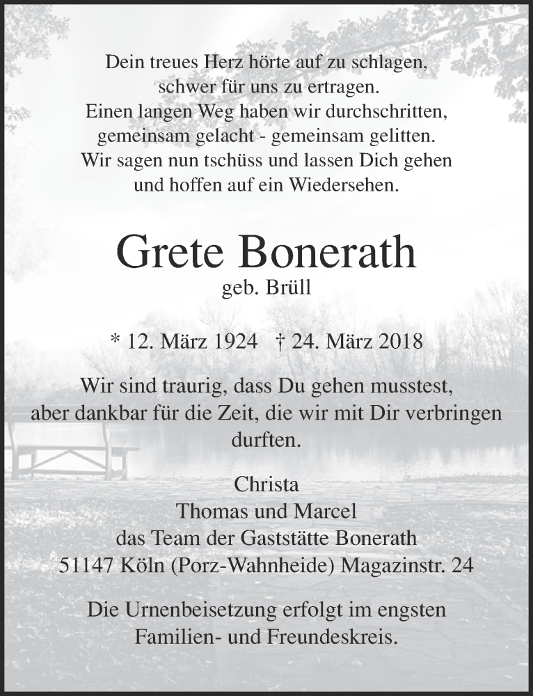  Traueranzeige für Grete Bonerath vom 04.04.2018 aus  Kölner Wochenspiegel 