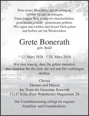 Anzeige von Grete Bonerath von  Kölner Wochenspiegel 