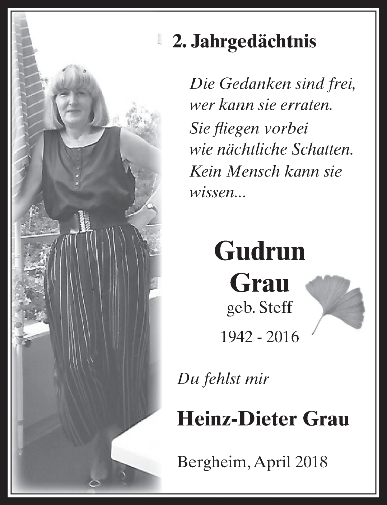 Traueranzeige für Gudrun Grau vom 18.04.2018 aus  Werbepost 