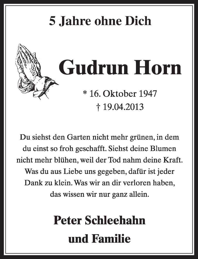  Traueranzeige für Gudrun Horn vom 21.04.2018 aus  Sonntags-Post 