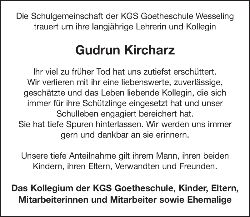  Traueranzeige für Gudrun Kircharz vom 25.04.2018 aus  Schlossbote/Werbekurier 