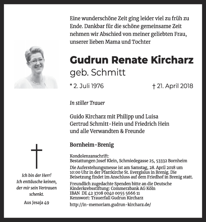  Traueranzeige für Gudrun Renate Kircharz vom 25.04.2018 aus  Schlossbote/Werbekurier 