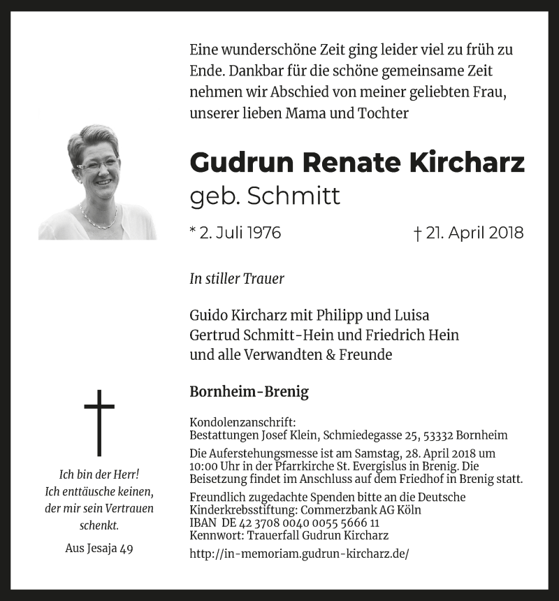  Traueranzeige für Gudrun Renate Kircharz vom 25.04.2018 aus  Schaufenster/Blickpunkt 