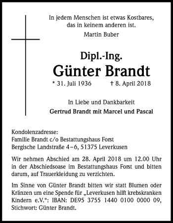 Anzeige von Günter Brandt von Kölner Stadt-Anzeiger / Kölnische Rundschau / Express