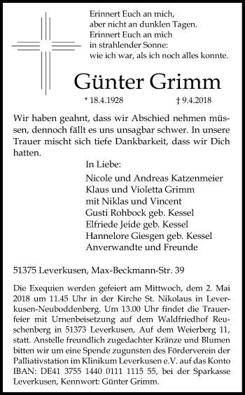 Anzeige von Günter Grimm von Kölner Stadt-Anzeiger / Kölnische Rundschau / Express