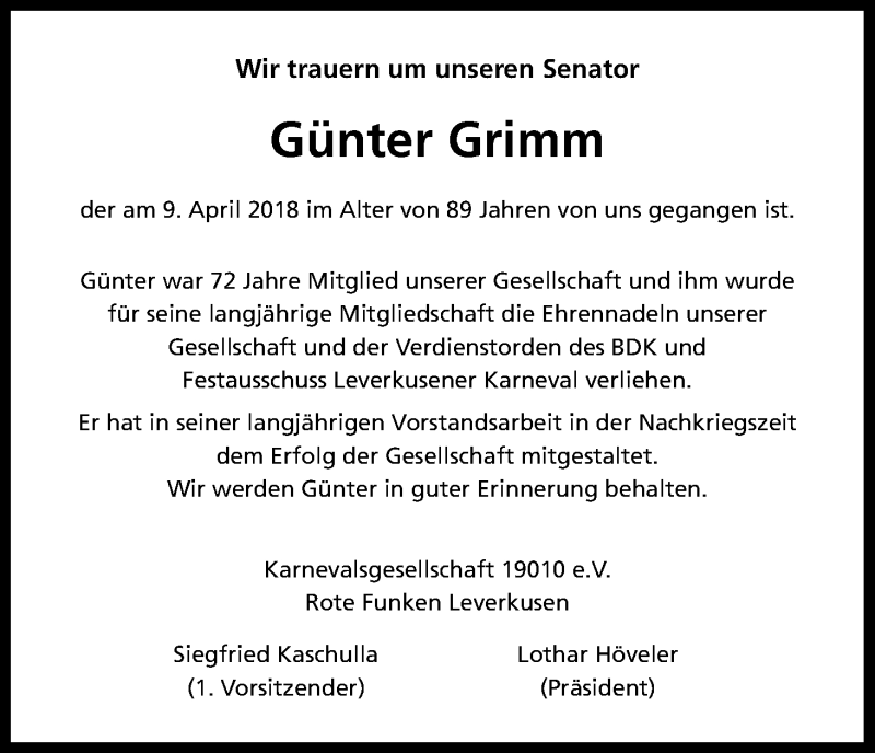  Traueranzeige für Günter Grimm vom 27.04.2018 aus Kölner Stadt-Anzeiger / Kölnische Rundschau / Express