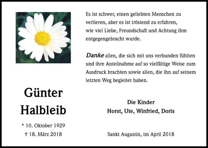  Traueranzeige für Günter Halbleib vom 21.04.2018 aus Kölner Stadt-Anzeiger / Kölnische Rundschau / Express