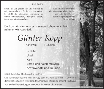 Anzeige von Günter Kopp von  Lokalanzeiger 