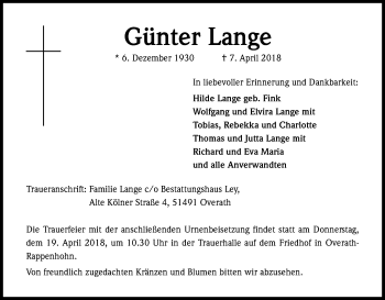 Anzeige von Günter Lange von Kölner Stadt-Anzeiger / Kölnische Rundschau / Express
