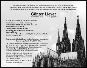Anzeige von Günter Liever von Kölner Stadt-Anzeiger / Kölnische Rundschau / Express