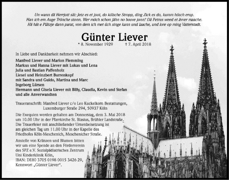  Traueranzeige für Günter Liever vom 25.04.2018 aus  Schlossbote/Werbekurier 