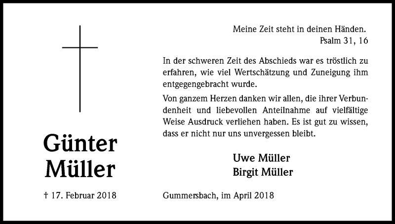  Traueranzeige für Günter Müller vom 14.04.2018 aus Kölner Stadt-Anzeiger / Kölnische Rundschau / Express