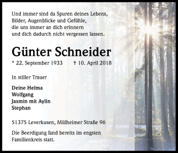 Anzeige von Günter Schneider von Kölner Stadt-Anzeiger / Kölnische Rundschau / Express
